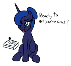 Size: 1069x987 | Tagged: safe, artist:trash anon, princess luna, alicorn, pony, dialogue, female, hair over one eye, horn, mare, open mouth, raised hoof, simple background, sitting, solo, vulgar, white background, wingless