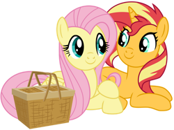 Size: 1024x768 | Tagged: safe, artist:emeraldblast63, imported from derpibooru, fluttershy, sunset shimmer, pegasus, pony, unicorn, basket, cute, duo, duo female, female, friends, lesbian, mare, picnic, picnic basket, shimmerbetes, shipping, shyabetes, simple background, sunshyne, sweet dreams fuel, transparent background