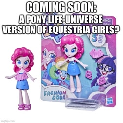 Size: 500x500 | Tagged: safe, imported from derpibooru, pinkie pie, rainbow dash, sci-twi, twilight sparkle, equestria girls, my little pony: pony life, caption, coming soon, fashion squad, g4.5, image macro, merchandise, official, pony life, prediction, text