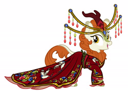Size: 2745x1960 | Tagged: safe, artist:mylittlepastafarian, imported from derpibooru, autumn blaze, kirin, clothes, dress, female, happy, headdress, high res, looking back, open mouth, open smile, raised hoof, robe, smiling, solo