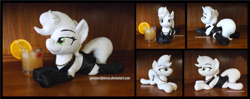 Size: 4440x1754 | Tagged: safe, artist:peruserofpieces, imported from derpibooru, oc, oc only, oc:petina, pony, unicorn, alcohol, beanie (plushie), black dress, boots, cherry, clothes, dress, female, food, irl, jewelry, little black dress, looking at you, lying down, mare, necklace, photo, plushie, prone, shoes, smiling, smiling at you, solo, sploot, whiskey