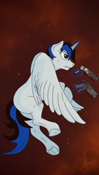 Size: 1500x2668 | Tagged: safe, artist:biergarten13, imported from derpibooru, oc, alicorn, fallout equestria, 10mm pistol, alicorn oc, artificial alicorn, cinder, fallout, fallout equestria: ghosts of the past, fire, horn, laser pistol, magic, male, smoke, spread wings, telekinesis, wings