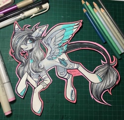 Size: 1080x1045 | Tagged: safe, artist:moshi.poni, imported from derpibooru, oc, oc only, pegasus, pony, colored hooves, eyelashes, female, hair over one eye, leonine tail, mare, pegasus oc, solo, traditional art, underhoof, wings
