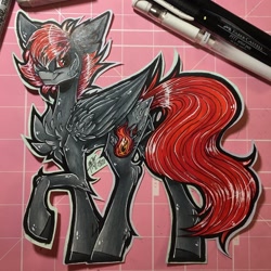 Size: 1080x1080 | Tagged: safe, artist:moshi.poni, imported from derpibooru, oc, oc only, pegasus, pony, chest fluff, colored hooves, ear fluff, eyelashes, female, hair over one eye, mare, pegasus oc, raised hoof, signature, smiling, solo, traditional art, wings
