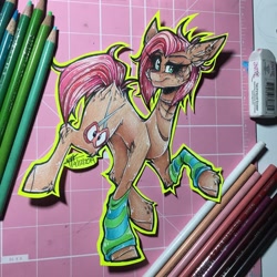 Size: 1080x1080 | Tagged: safe, artist:moshi.poni, imported from derpibooru, babs seed, earth pony, pony, ear fluff, ear piercing, earring, eyelashes, jewelry, leg warmers, necklace, older, older babs seed, piercing, raised hoof, signature, smiling, solo, traditional art