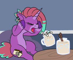 Size: 1053x861 | Tagged: safe, artist:jargon scott, imported from derpibooru, coco pommel, oc, oc:piropie, pony, unicorn, adorable distress, cute, distressed, horchata, imminent vore, jar, magic, meme, meme parody, ponified meme, simple background, squatpony, struggling, telekinesis