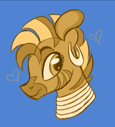 Size: 540x594 | Tagged: safe, artist:woollily, imported from derpibooru, zecora, pony, zebra, alternate color palette, blue background, bust, ear piercing, earring, female, heart, jewelry, mare, neck rings, piercing, quadrupedal, simple background, smiling, solo