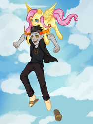 Size: 1200x1600 | Tagged: safe, artist:lavvythejackalope, imported from derpibooru, fluttershy, pegasus, pony, blushing, clothes, cloud, crossover, feet, female, flying, homestuck, horns, male, male feet, mare, outdoors, pants, sandals, troll (homestuck), wings