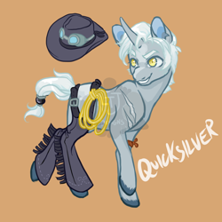 Size: 900x900 | Tagged: safe, artist:lavvythejackalope, imported from derpibooru, oc, oc only, oc:quicksilver, pony, unicorn, belt, brown background, clothes, goggles, grin, hat, horn, looking back, male, rope, simple background, smiling, socks, solo, stallion, unicorn oc, unshorn fetlocks