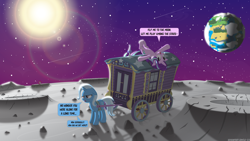 Size: 3840x2160 | Tagged: safe, artist:le-23, imported from derpibooru, pinkie pie, starlight glimmer, trixie, pony, unicorn, complex background, crater, duo focus, earth, female, fly me to the moon, frank sinatra, funny, high res, lens flare, lying down, mare, moon, on the moon, planet, scenery, shooting star, singing, smiling, song reference, space, speech bubble, stars, sun, text, trixie is not amused, trixie's wagon, unamused