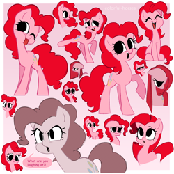 Size: 2500x2500 | Tagged: safe, artist:syrupyyy, imported from derpibooru, pinkie pie, earth pony, pony, :p, alternate hairstyle, angry, cute, dialogue, diapinkes, discorded, eyes closed, female, mare, meanie pie, multeity, one eye closed, open mouth, pinkamena diane pie, raised hoof, raised leg, sad, sitting, solo, speech bubble, tongue out, too much pink energy is dangerous, wink
