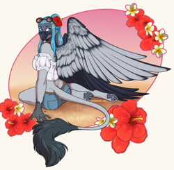 Size: 3689x3619 | Tagged: safe, artist:blackblood-queen, imported from derpibooru, oc, oc only, oc:rio azura, anthro, digitigrade anthro, griffon, blouse, clothes, commission, dimples of venus, facial markings, female, flower, flower in hair, griffon oc, kneeling, leonine tail, looking at you, midriff, paw pads, paws, pose, short shirt, shoulderless, smiling, solo, solo female, spread wings, sunglasses, underpaw, wings