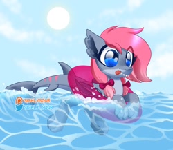 Size: 1050x911 | Tagged: safe, artist:sickly-sour, imported from derpibooru, oc, oc only, original species, pony, shark, shark pony, bow, female, hair bow, mare, solo, sun, water, wave