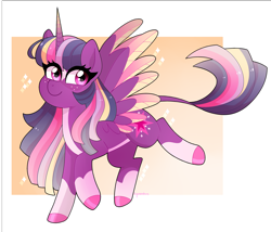 Size: 3000x2562 | Tagged: safe, artist:emera33, imported from derpibooru, twilight sparkle, alicorn, pony, coat markings, colored hooves, colored wings, female, leonine tail, mare, multicolored mane, multicolored wings, redesign, signature, simple background, smiling, socks (coat markings), solo, twilight sparkle (alicorn), wings