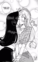 Size: 1000x1600 | Tagged: safe, artist:bidzinha, imported from derpibooru, applejack, rarity, human, blushing, female, humanized, japanese, kissing, lesbian, monochrome, rarijack, shipping