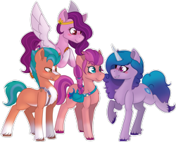 Size: 1861x1501 | Tagged: safe, artist:king-justin, imported from derpibooru, hitch trailblazer, izzy moonbow, pipp petals, sunny flare, sunny starscout, earth pony, pegasus, pony, unicorn, blushing, female, flying, g5, headband, male, mare, pipp, purse, raised leg, simple background, smiling, stallion, transparent background, unshorn fetlocks