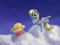 Size: 4000x3000 | Tagged: safe, artist:flusanix, imported from derpibooru, derpy hooves, pegasus, pony, cloud, derp, eyes on the prize, female, food, mare, muffin, signature, sky, solo, that pony sure does love muffins, tongue out