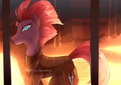 Size: 2000x1400 | Tagged: safe, artist:daryaberry, imported from derpibooru, tempest shadow, pony, unicorn, my little pony: the movie, broken horn, cage, female, horn, mare, open up your eyes, scene interpretation, signature, solo