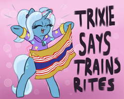 Size: 2268x1812 | Tagged: safe, artist:t72b, imported from derpibooru, trixie, pony, unicorn, abstract background, alternate hairstyle, babysitter trixie, bipedal, clothes, female, flag, hoodie, hoof hold, magic, mouthpiece, parody, pride flag, pun, solo