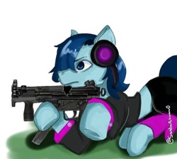 Size: 720x645 | Tagged: safe, artist:samy, artist:samy sandwishowo, imported from derpibooru, oc, oc only, oc:blue harmony, earth pony, pony, beard, blue eyes, blue hair, facial hair, floor, grass, grass field, gun, lying down, mp5k, photo, piercing, simple background, solo, weapon