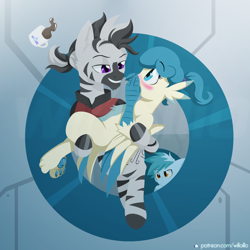 Size: 1200x1200 | Tagged: safe, artist:willoillo, imported from derpibooru, oc, oc only, oc:aiah, oc:concorde, oc:zambuko, griffon, pegasus, zebra, coffee, griffon oc, low gravity, nonbinary, offspring, parent:soarin', parent:spitfire, parents:soarinfire, pegasus oc, wings, zebra oc