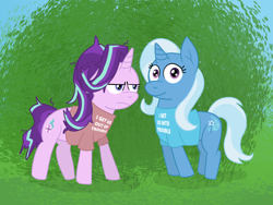 Size: 1600x1200 | Tagged: safe, artist:solarfm, imported from derpibooru, starlight glimmer, trixie, pony, unicorn, clothes, duo, duo female, female, frown, grass, mare, smiling, starlight is not amused, unamused