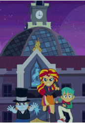 Size: 224x324 | Tagged: safe, edit, edited screencap, imported from derpibooru, screencap, snails, snips, sunset shimmer, equestria girls, equestria girls (movie), animated, bowtie, cropped, female, gif, hat, male, running, slowed down, top hat, trio