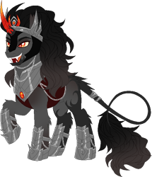 Size: 569x662 | Tagged: dead source, safe, artist:spellbounty, imported from derpibooru, king sombra, pony, unicorn, alternate design, armor, base used, fangs, leonine tail, male, simple background, solo, stallion, transparent background