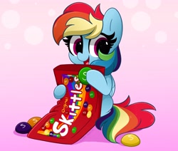 Size: 4096x3474 | Tagged: safe, artist:kittyrosie, imported from derpibooru, rainbow dash, pegasus, pony, candy, cute, dashabetes, digital art, female, food, mare, skittles, smiling, solo, sweet dreams fuel, taste the rainbow