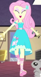 Size: 1920x3601 | Tagged: safe, imported from derpibooru, screencap, fluttershy, rabbit, equestria girls, equestria girls series, so much more to me, ^^, animal, clothes, cropped, cute, cutie mark, cutie mark on clothes, dress, eyes closed, female, fluttershy boho dress, geode of fauna, hairpin, jewelry, magical geodes, necklace, open mouth, open smile, open-toed shoes, running, sandals, shyabetes, singing, sleeveless, smiling