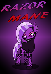 Size: 864x1234 | Tagged: safe, artist:death-driver-5000, imported from derpibooru, pony, 2spot, bloody bunny, bloody bunny: first blood, dizzyland carousel horse, gradient background, possibly pony related, purple blade, razor mane, solo