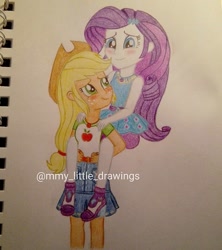 Size: 1080x1214 | Tagged: safe, artist:mmy_little_drawings, imported from derpibooru, applejack, rarity, equestria girls, blushing, clothes, eyelashes, female, hat, lesbian, looking back, piggyback ride, rarijack, rarity peplum dress, shipping, shoes, skirt, traditional art, watermark