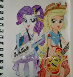 Size: 1080x1139 | Tagged: safe, artist:mmy_little_drawings, imported from derpibooru, applejack, rarity, equestria girls, equestria girls series, rollercoaster of friendship, bedroom eyes, clothes, dress, duo, female, freckles, gloves, guitar, hat, lesbian, long gloves, musical instrument, open mouth, ponied up, rarijack, shipping, smiling, traditional art, watermark