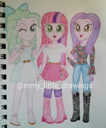 Size: 1080x1298 | Tagged: safe, artist:mmy_little_drawings, imported from derpibooru, oc, oc only, equestria girls, boots, bow, clothes, eyelashes, female, hair bow, high heel boots, one eye closed, open mouth, pants, shoes, skirt, traditional art, watermark, wink