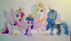 Size: 1080x626 | Tagged: safe, artist:mmy_little_drawings, imported from derpibooru, princess cadance, princess celestia, princess luna, twilight sparkle, alicorn, pony, female, hoof shoes, horn, jewelry, mare, peytral, smiling, spread wings, tiara, traditional art, twilight sparkle (alicorn), watermark, wings