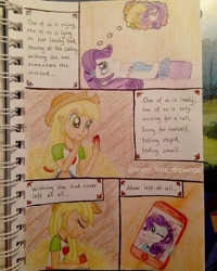 Size: 1080x1350 | Tagged: safe, artist:mmy_little_drawings, imported from derpibooru, applejack, rarity, equestria girls, equestria girls series, rollercoaster of friendship, cellphone, clothes, comic, dialogue, eyes closed, female, hat, lesbian, lying down, on back, one eye closed, phone, phone screen, rarijack, shipping, smartphone, smiling, traditional art, watermark, wink