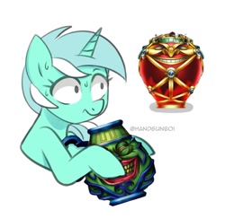 Size: 1178x1152 | Tagged: safe, artist:handgunboi, imported from derpibooru, lyra heartstrings, pony, unicorn, jar, jar of greed, pot, pot of greed, simple background, white background, yu-gi-oh!