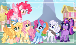 Size: 2656x1592 | Tagged: safe, artist:interstellar-quartz, artist:shiibases, imported from derpibooru, applejack, fluttershy, pinkie pie, rainbow dash, rarity, twilight sparkle, oc, oc:amaryllis, oc:iridescent, oc:ivory, oc:sparkling cider, oc:surprise fuchsia, oc:twinkie sprinkle, earth pony, pegasus, unicorn, alternate design, amaryllisverse, base used, female, hat, mane six, mare, race swap, ultimare universe