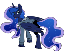 Size: 1280x1040 | Tagged: safe, artist:cosmalumi, artist:its-gloomy, imported from derpibooru, princess luna, alicorn, pony, clothes, ethereal mane, female, hoodie, looking back, mare, missing accessory, mlem, signature, silly, simple background, smiling, starry mane, tongue out, white background