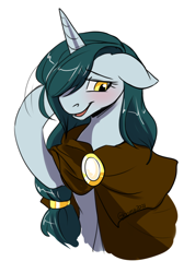 Size: 812x1138 | Tagged: safe, artist:cosmalumi, artist:its-gloomy, imported from derpibooru, oc, oc only, oc:bright eyes, pony, unicorn, bashful, blushing, braid, brooch, cape, cloak, clothes, female, jewelry, lidded eyes, mare, simple background, white background