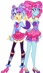 Size: 576x972 | Tagged: safe, artist:randythealicorn, imported from derpibooru, kiwi lollipop, supernova zap, equestria girls, equestria girls series, sunset's backstage pass!, spoiler:eqg series (season 2), breasts, cleavage, duo, duo female, female, high heels, k-lo, legs, postcrush, shoes, simple background, su-z, transparent background