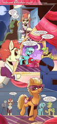 Size: 1300x2800 | Tagged: safe, artist:saturdaymorningproj, imported from derpibooru, applejack, oc, earth pony, comic:indecent blushes, 2021, comic, covered cutie mark, dialogue, mask, photo shoot, saddle, tack, tail wrap