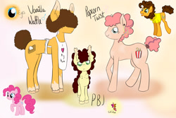 Size: 3000x2000 | Tagged: safe, artist:silverderpychu, imported from derpibooru, cheese sandwich, pinkie pie, oc, oc:pbj, oc:popcorn twist, oc:vanilla waffle, earth pony, pony, afro, apron, cheesepie, clothes, colt, cutie mark, female, filly, hair over eyes, male, shipping, siblings, straight