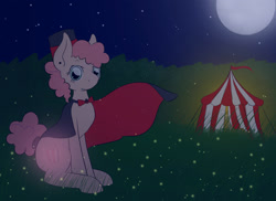 Size: 2340x1705 | Tagged: safe, artist:silverderpychu, imported from derpibooru, oc, oc only, oc:popcorn twist, earth pony, firefly (insect), insect, pony, bowtie, cape, circus tent, clothes, cutie mark, female, filly, full moon, fullmoon, hat, looking at you, moon, night, offspring, parent:cheese sandwich, parent:pinkie pie, parents:cheesepie, sitting, solo, stars, top hat