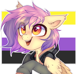 Size: 2208x2158 | Tagged: safe, artist:_spacemonkeyz_, artist:sincerelyxiao, imported from derpibooru, oc, oc only, pegasus, pony, blushing, clothes, eye clipping through hair, eyebrows, eyebrows visible through hair, headphones, jacket, nonbinary pride flag, not fluttershy, pride, pride flag, smiling, solo