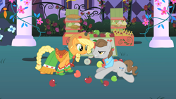 Size: 1920x1080 | Tagged: safe, imported from derpibooru, screencap, applejack, star gazer, earth pony, pony, the best night ever, clothes, dress, female, gala dress, male, mare, stallion