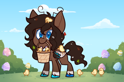 Size: 3000x2000 | Tagged: safe, artist:jetjetj, imported from derpibooru, part of a set, oc, oc only, oc:june bug, pegasus, pony, basket, chibi, chick, commission, easter egg, female, mare, mouth hold, solo, ych result