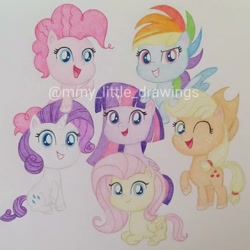 Size: 998x998 | Tagged: safe, artist:mmy_little_drawings, imported from derpibooru, applejack, fluttershy, pinkie pie, rainbow dash, rarity, twilight sparkle, alicorn, earth pony, pegasus, pony, unicorn, my little pony: pony life, applejack's hat, cowboy hat, cute, dashabetes, diapinkes, female, g4.5, hat, jackabetes, looking at you, mane six, mare, obtrusive watermark, one eye closed, open mouth, pony life, raribetes, shyabetes, smiling, smiling at you, twiabetes, twilight sparkle (alicorn), watermark, wink, winking at you