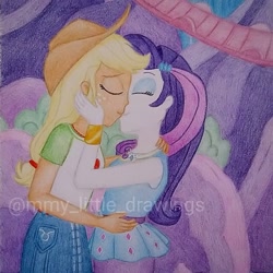 Size: 1015x1015 | Tagged: safe, artist:mmy_little_drawings, imported from derpibooru, applejack, rarity, equestria girls, equestria girls series, rollercoaster of friendship, applejack's hat, bracelet, clothes, cowboy hat, cutie mark, cutie mark on clothes, denim skirt, equestria land, eyelashes, eyes closed, female, freckles, geode of shielding, hat, hug, jewelry, kiss on the lips, kissing, lesbian, magical geodes, outdoors, rarijack, rarity peplum dress, shipping, skirt, traditional art, watermark, what if