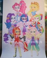 Size: 1080x1350 | Tagged: safe, artist:mmy_little_drawings, imported from derpibooru, applejack, fluttershy, pinkie pie, rainbow dash, rarity, sci-twi, sunset shimmer, twilight sparkle, equestria girls, equestria girls series, forgotten friendship, clothes, cutie mark, cutie mark on clothes, female, glasses, humane five, humane seven, humane six, looking at you, open mouth, ponied up, ponytail, smiling, smiling at you